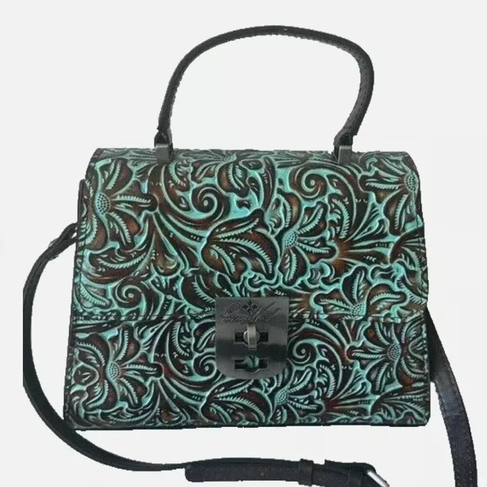 Patricia Nash Leather Tooled Chauny Turquoise Handbag Crossbody Top Handbag